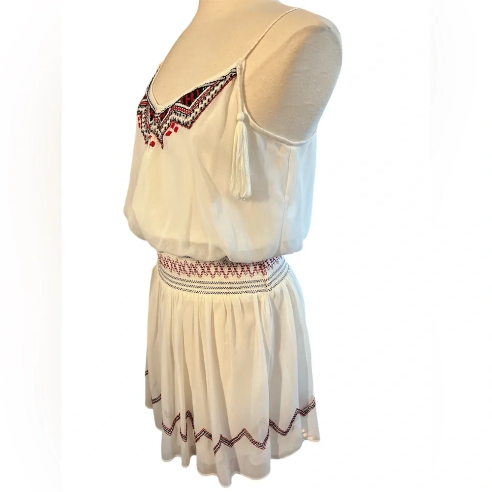 Free People Boho Summer Cream semi shear Dress w/Red Aztec Embroidery Size M - Picture 5 of 17